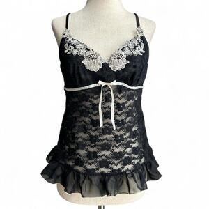 Vintage Y2K Sheer Lace Babydoll Top Large Coquette Embroidered Ruffles